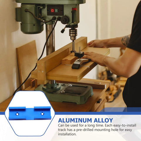 Heavy Duty Alloy Miter Track Connector In Sleek Anodized Blue For Seamless Woodworking Routing, shown in use on a drill press.