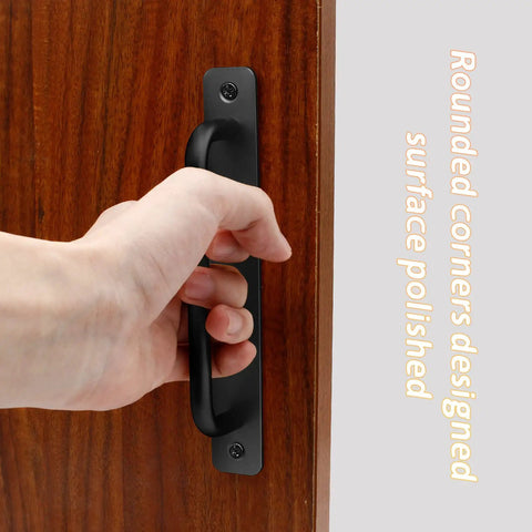 Heavy Duty Black Barn Door Handles 4 Pack BossLevel Cabinet Pulls StraightUp Durable Aluminum Drawer Knobs Farm Hardware For Kitchen Upgrades TopTier shown being gripped against wood.