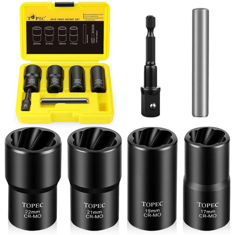 6 Piece Lug Nut Removal Kit For Damaged And Stripped Bolts, Half Inch Drive Wheel Lock Extractor Sockets In 17 19 21 22mm