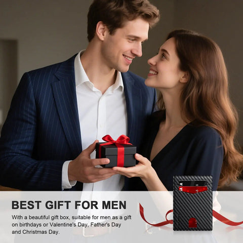 Couple exchanging gift with Slim RFID Blocking Leather Card Holder Wallet For Men With 14 Card Capacity Bifold Minimalist Wallet shown