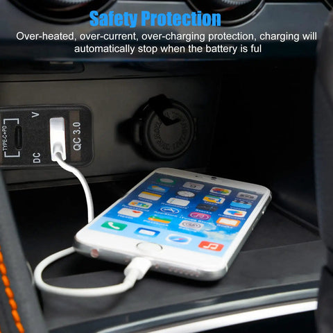 Blue Dual Port PD And QC 3.0 Fast Car Charger With Bright LED Voltmeter connected to smartphone in vehicle charging cabinet.