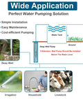 Wide application diagram of Heavy Duty Deep Well Submersible Pump With 100 Foot Power Cord 1HP showing irrigation, household, and livestock use.