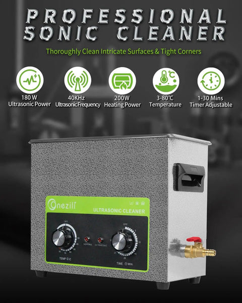 6L High Power Ultrasonic Parts Cleaner with 180W Beefy Cleaning Power, front view with control knobs and specifications.
