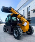 Powerful Industrial Telehandler Forklift Featuring Auto Leveling Boom And All Terrain Capability with extended boom and rugged tires.