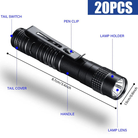 20 Pack Mini Pen Light LED Flashlights With Clip Pocket Size Slim Handheld Torches 3.54 Inch Black Battery Not Included