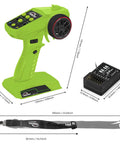4CH 2.4G RC Transmitter With Receiver And Lanyard Anti Jamming Remote Controller For RC Car Crawler Boat Green And Black High Precision Pro Grade System For All Terrain Use, showing transmitter, receiver dimensions, and lanyard.