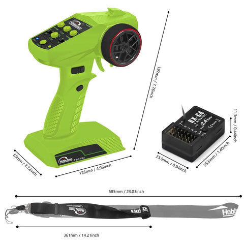 4CH 2.4G RC Transmitter With Receiver And Lanyard Anti Jamming Remote Controller For RC Car Crawler Boat Green And Black High Precision Pro Grade System For All Terrain Use, showing transmitter, receiver dimensions, and lanyard.