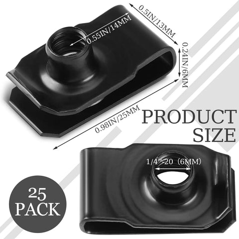 25 Pack Black Extruded U Style Spring Nuts For Automotive Fender Bumper And Grill Retainer Clips 1/4-20 Thread shown with size dimensions.