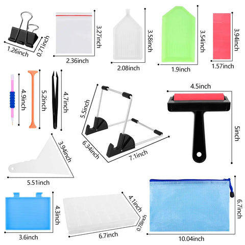 Diamond Painting Light Pad Kit A4 With LED Tracing Box And 5D Tool Set components layout with dimensions displayed.