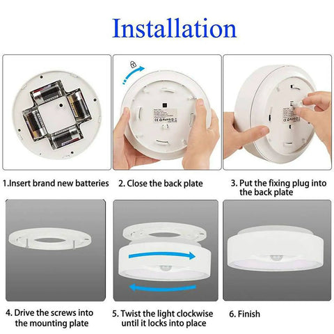 Installation steps for Battery Operated Motion Sensor Ceiling Light Wireless LED 7.4 Inch with All Day Night Modes 300LM