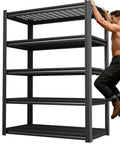 Beefy Heavy Duty Tall Garage Shelving Unit With Mesh Shelves For Airflow, Adjustable Industrial Storage Rack With 5 Ton Capacity, Metal Standing Shelves For Garage Kitchen Warehouse Basement Utility Room, 71 By 35 By 16 Inches, black metal rack with man installing