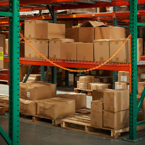 100 Foot Orange Plastic Chain Safety Barrier for crowd control and event lines, hanging between shelves in warehouse
