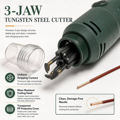 Close-up of 3-jaw tungsten steel cutter for Handheld Electric Magnet Wire Stripping Machine With Six Speed Settings for precise wire removal.