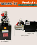 Six Quart Electric Hydraulic Pump Power Unit For Dump Trailers 12V DC Double Acting Hydraulic Pump With Metal Oil Reservoir High Flow Lift System 0.91 GPM Up To 3200 PSI Heavy Duty Trailer Lifting, front and side view