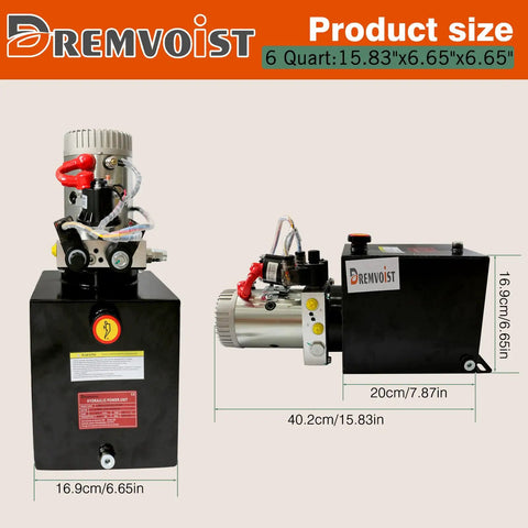 Six Quart Electric Hydraulic Pump Power Unit For Dump Trailers 12V DC Double Acting Hydraulic Pump With Metal Oil Reservoir High Flow Lift System 0.91 GPM Up To 3200 PSI Heavy Duty Trailer Lifting, front and side view