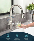 Top Tier Three Way Kitchen Faucet With Built In Water Filter Dispenser In Sleek Brushed Nickel Finish delivers Drinking Water to a glass.