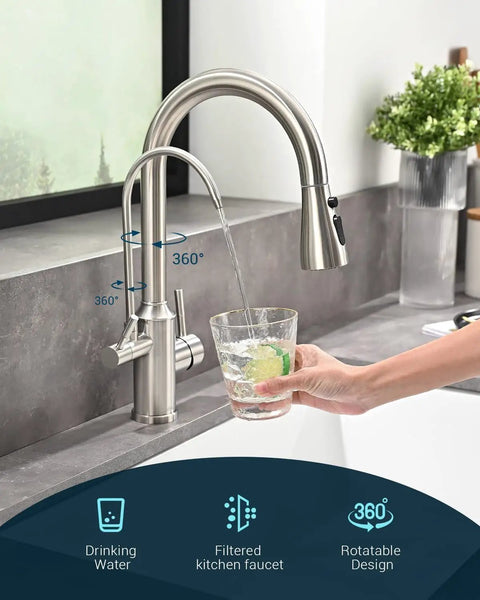 Top Tier Three Way Kitchen Faucet With Built In Water Filter Dispenser In Sleek Brushed Nickel Finish delivers Drinking Water to a glass.