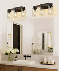 Rustic Farmhouse Vanity Light Fixture Over Mirror Three Light Industrial Matte Black Wall Sconces With Wood Accents And Clear Glass Shades