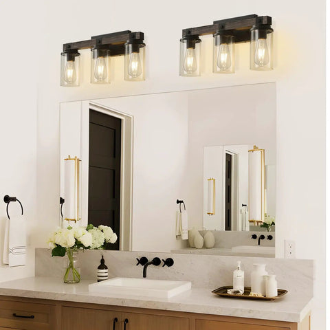 Rustic Farmhouse Vanity Light Fixture Over Mirror Three Light Industrial Matte Black Wall Sconces With Wood Accents And Clear Glass Shades