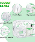 Image showing product details of 16 Pack Clear PVC Zip Pouch Bags For Travel And Everyday Use See Through Makeup Toiletry Snack Organizer Bags Reusable Transparent Gift Bags For Gym Gear School Team Gifts And Personal Essentials with features like durable zipper, waterproof material, high-capacity, and transparent PVC material.
