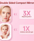 Double sided compact mirror with 1X and 3X magnification, Ultra Slim LED Pocket Mirror With 1X And 3X Magnification, Rechargeable