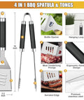 4 in 1 spatula and tongs from the 38 Piece Stainless Steel BBQ Grill Tools Set With Aluminum Case Thermometer Grill Mats Meat Injector Basting Brush Cleaning Brush And More For Camping And Backyard Barbecue All In One Grilling Utensils Kit For Men And Women