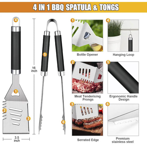 4 in 1 spatula and tongs from the 38 Piece Stainless Steel BBQ Grill Tools Set With Aluminum Case Thermometer Grill Mats Meat Injector Basting Brush Cleaning Brush And More For Camping And Backyard Barbecue All In One Grilling Utensils Kit For Men And Women