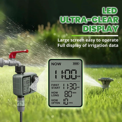 No Fuss Setup Hose Timer With Rain Delay And Auto Or Manual Modes displaying irrigation data on a large LED screen