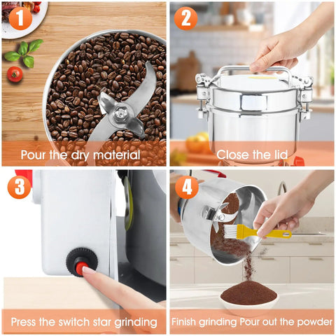 Heavy Duty 1000g Commercial Grain Grinder With 32000 RPM Electric Mill for coffee and nuts, step-by-step operation process.