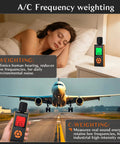 Your Go To Portable Sound Level Meter With A Weighted Measurement And Fast And Slow Response For 30 To 130 Decibels, Backlit LCD, Real Time Readout, High Accuracy, Ideal For Home Office School And Factory. Portable handheld ABS sound level meter in bedroom and runway use