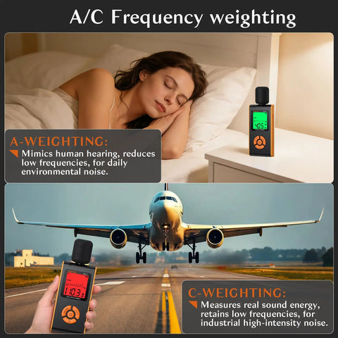 Your Go To Portable Sound Level Meter With A Weighted Measurement And Fast And Slow Response For 30 To 130 Decibels, Backlit LCD, Real Time Readout, High Accuracy, Ideal For Home Office School And Factory. Portable handheld ABS sound level meter in bedroom and runway use