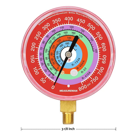 Refrigeration Pressure Gauge Kit With 3-1/8 Inch Dial, Dual Color Blue And Red Dials, 1/8 NPT Lower Mount, -30inHg To 0-250psi, 250-500psi And 0-800psi, For R-134a R-404A R-22 R-410A HVAC Pros red 3-1/8 inch gauge with brass lower mount