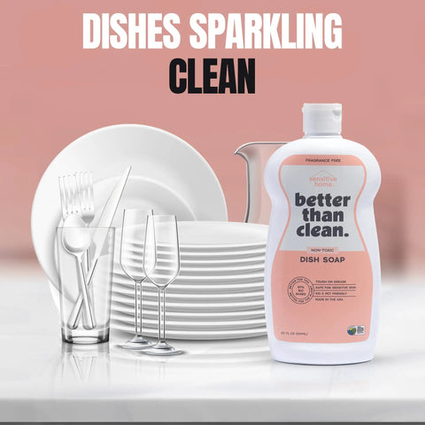 Plant Based Fragrance Free Family Cleaning Bundle With 4 8oz Concentrates Dish Soap bottle and clean dishes