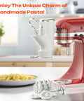 Upgrade Your Pasta Game With This Gourmet Press Attachment For Stand Mixers Featuring 7 Interchangeable Plates To Make Spaghetti Bucatini Rigatoni Fusilli And Macaroni At Home Dinners, shown attached to a red stand mixer with pasta plates on a counter.