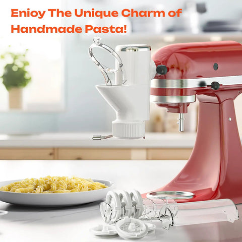 Upgrade Your Pasta Game With This Gourmet Press Attachment For Stand Mixers Featuring 7 Interchangeable Plates To Make Spaghetti Bucatini Rigatoni Fusilli And Macaroni At Home Dinners, shown attached to a red stand mixer with pasta plates on a counter.