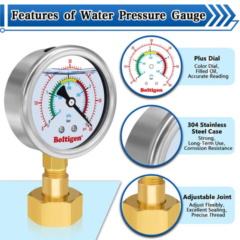 Oil Filled 0 To 100 Psi Water Pressure Gauge With Three Quarter Inch GHT Female Thread For Home Use Indoors Outdoors