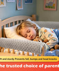 Sleeping child in bed with gray Toddlers Bed Rail Protector Easy Install Safe Guardrail Padding Cushioned Barrier Anti Collision Design