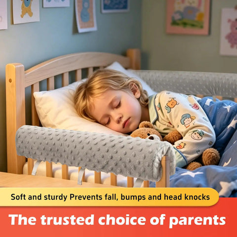 Sleeping child in bed with gray Toddlers Bed Rail Protector Easy Install Safe Guardrail Padding Cushioned Barrier Anti Collision Design
