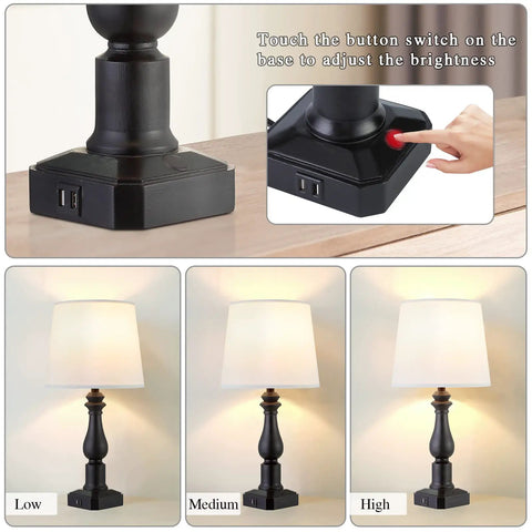 Rustic 3 Way Touch Control Table Lamps Set Of 2 With Dual USB Ports, Cozy Vintage Bedside Nightstand Lights showing dim settings.