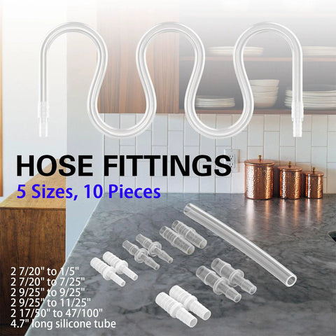 Amazon 10-piece set of clear plastic female hose barb fittings with a 4.7-inch silicone tube.