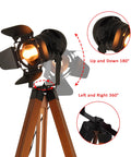 Retro Industrial Tripod Floor Lamp With Black Metal Frame And Natural Wood Legs, Stage Light Style Head, 360° Rotation
