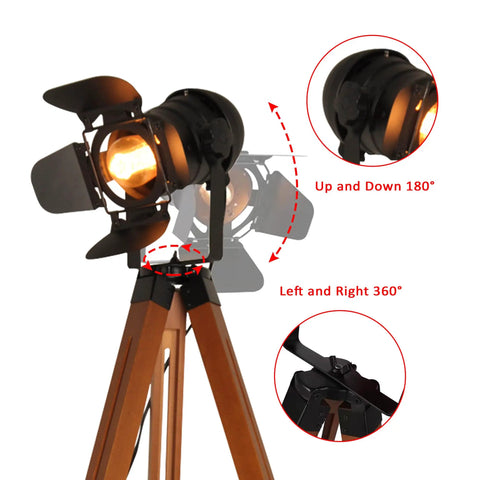 Retro Industrial Tripod Floor Lamp With Black Metal Frame And Natural Wood Legs, Stage Light Style Head, 360° Rotation
