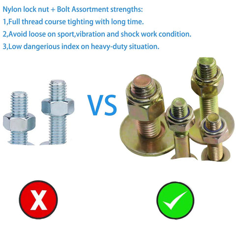 Comparison of standard bolts versus M10 x 60mm hex head bolts with nylon lock nuts and flat washers, galvanized alloy steel grade 8.8.