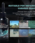Windshield Crack Repair Kit For Cars, Easy Fix Liquid Resin Filler with images of various glass damage types near bottle.