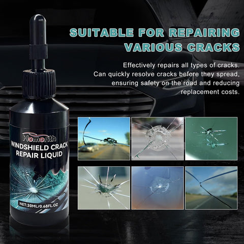 Windshield Crack Repair Kit For Cars, Easy Fix Liquid Resin Filler with images of various glass damage types near bottle.