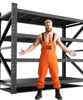 Heavy Duty Metal Garage Shelving System With Adjustable Shelf Heights, Rugged Steel Storage Racks Holds Up To 7000 Lbs, Easy Organization For Tools, Parts, And Big Stuff shown with worker for size
