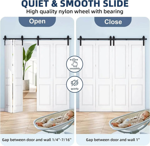 52 Inch Darn Door Track Sliding Kit With Side Mounted Black Rollers For Bifold Doors Up To 400 Lbs Smooth And Quiet Operation