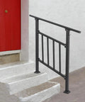 Heavy Duty Three Step Outdoor Steel Handrail Featuring Integrated Child Guard Panel And Weather Resistant Finish For Front Porch Stairs at entryway with red door.