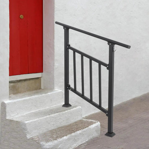 Heavy Duty Three Step Steel Stair Railing With Safety Guard Fence For Outdoor Decks And Porches, black metal railing by white stairs.