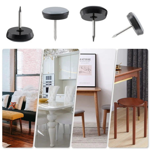 24 Pack Nail On Furniture Sliders Three Quarter Inch Round Teflon Pads For Chair Legs Floor Protectors That Glide Smooth On Carpet And Hardwood Surfaces Gray And Black For Real, shown in use on various furniture